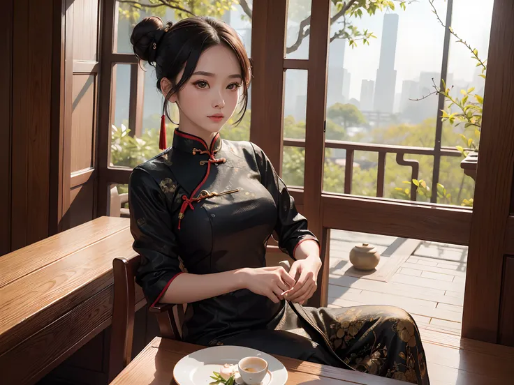 photo, masutepiece, Super Detail, High quality, awardwinning, 8K, girl, Solo, Hair bun, Gorgeous and luxurious qipao dress, close up, portrait style, sitting in the chair, In the tea house, Chinese style interior, In China, traditional, Natural light, in t...