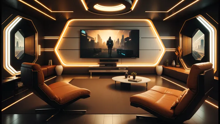 there is a large room with a couch, chair, and television, retro futuristic apartment, cgsociety 9, cyberpunk apartment, bladerunner apartment, futuristic looking living room, futuristic interior, gaming room in 2 0 4 0, futuristic room background, cgsocie...