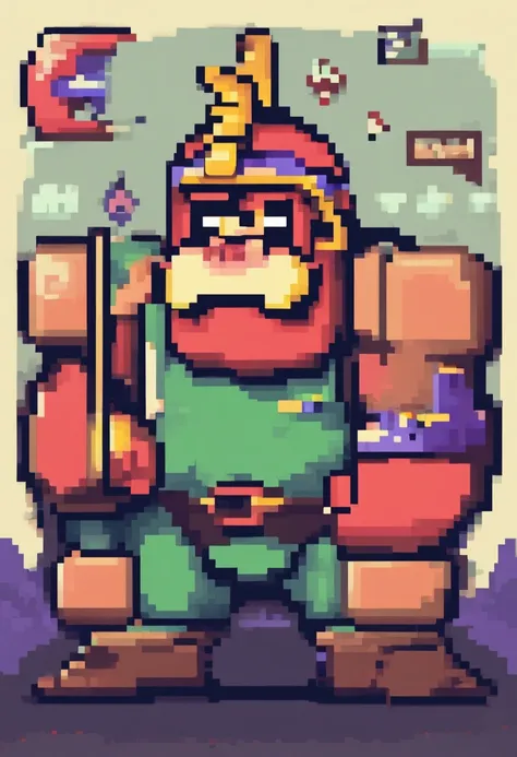 Create a 2D pixel art character that combines elements of retro gaming, specifically inspired by Nintendo NES. The character should be a humanoid-pig boy dressed as a Viking. The art should be in 8-bit style, suitable for use in Scratch projects or Pokemon...