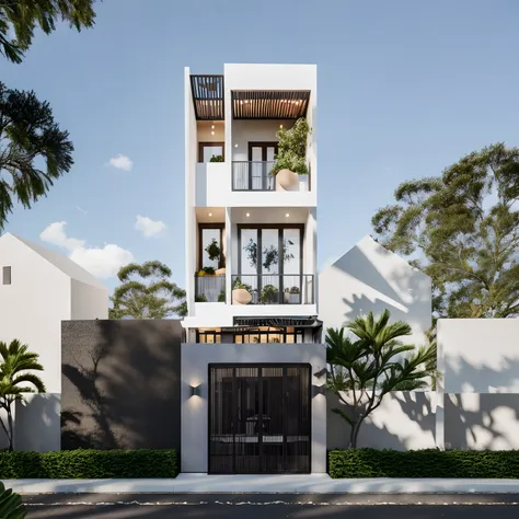 townhouse in city, daylight,warm light, (sharp focus) front view of townhouse in style of modern, vietnamese architecture ,mutua...