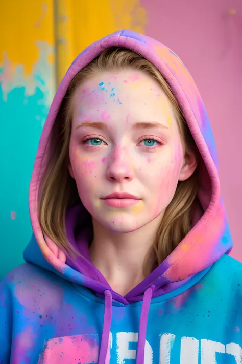 beautiful American college woman, wearing hoodie, looking at viewer, holi color festival, portrait, hyper detailed  POV, by lee jeffries, nikon d850, film stock photograph ,4 kodak portra 400 ,camera f1.6 lens ,rich colors ,hyper realistic ,lifelike textur...