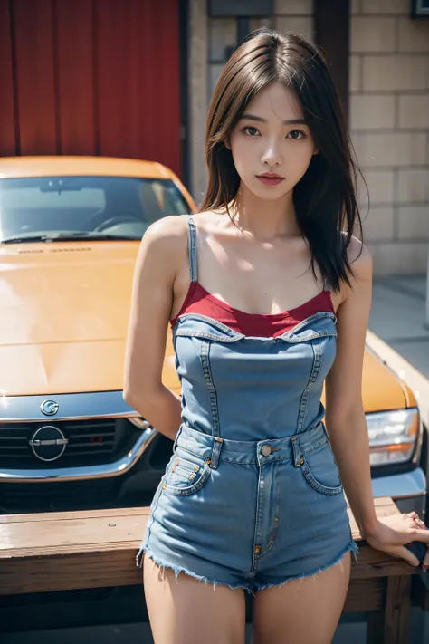 (Best quality, Complex details: 1.2,Realistic:1.2) ,A girl,[Zhao Liying:0.9],Red camisole,(Extra-short denim shorts),mizore，Sexy,City,