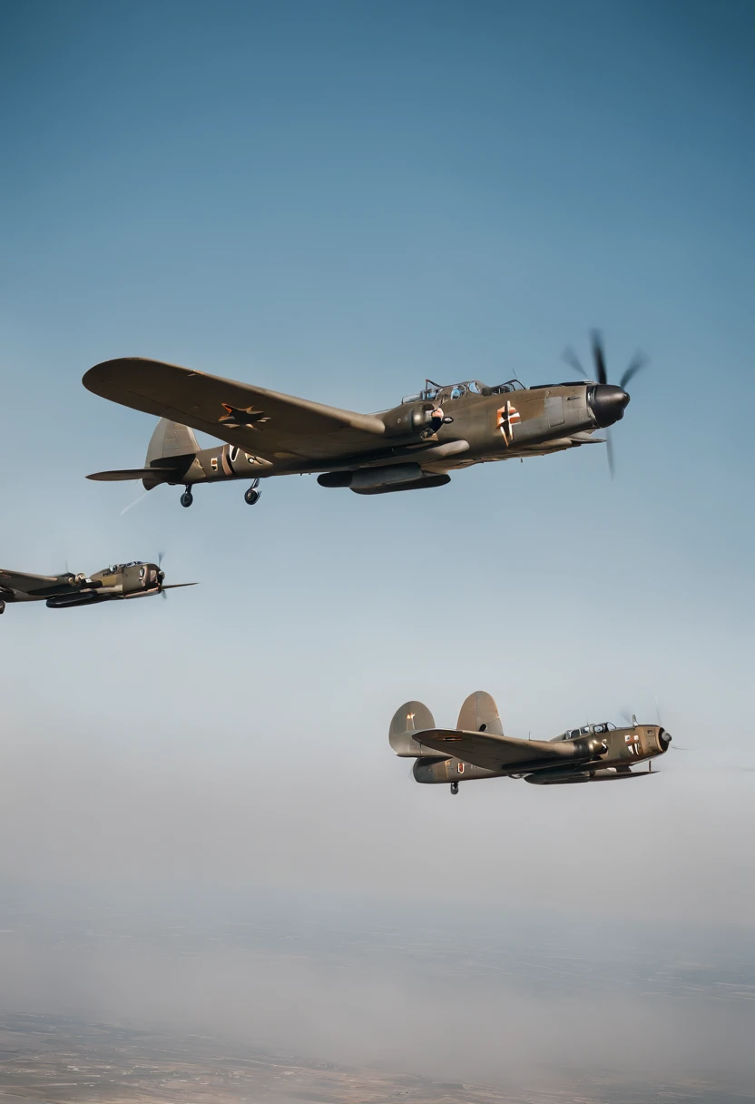 a hyper-realistic and cinematic image of German Luftwaffe bombers in action above the skies of Stalingrad during World War II. Depict aerial combat, explosions, and anti-aircraft fire. The shot should have an aerial view