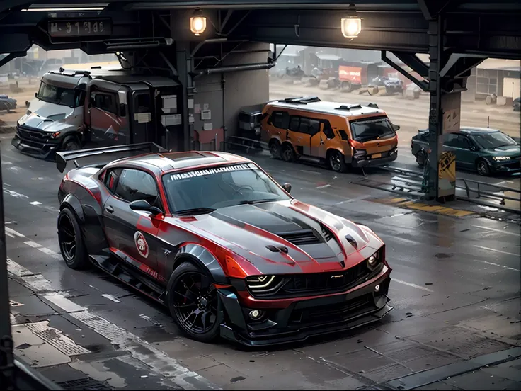 2015 chevrolet camaro, red car, two hidden machine guns in front bumper, racing in new york subway rail tracks, gritty lighting,...