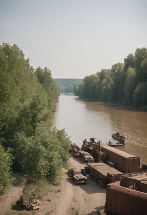 a hyper-realistic and cinematic image of the Volga River during World War II. Show it as a lifeline for the Soviets with boats crossing the river and supplies being transported. Include the destroyed bridges. The shot should be a wide landscape shot