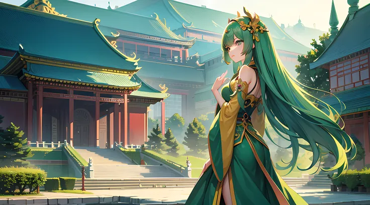 Green girl with long hair，Exquisite palace costume，Stand in front of the Chinese Heavenly Palace，Look into the distance，