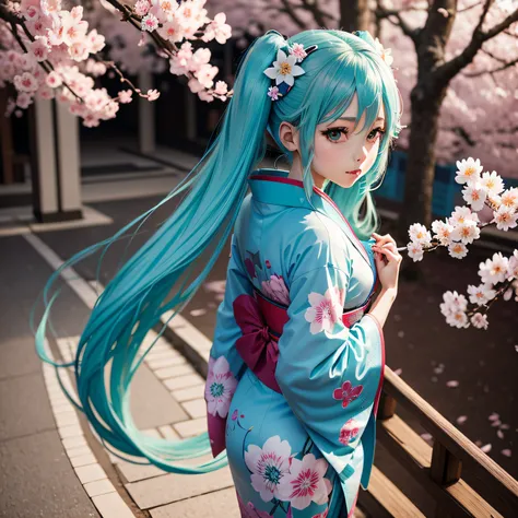 Hatsune Miku wears a blue kimono under cherry blossoms