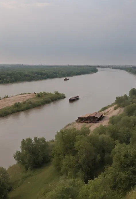 A hyperrealistic and cinematic image of the Volga River as it passes through Stalingrad, el rio volga es un rio muy grande, durante la Segunda Guerra Mundial. Boats crossing the river and supplies being transported.. en la imagen hay puentes destruidos. La...