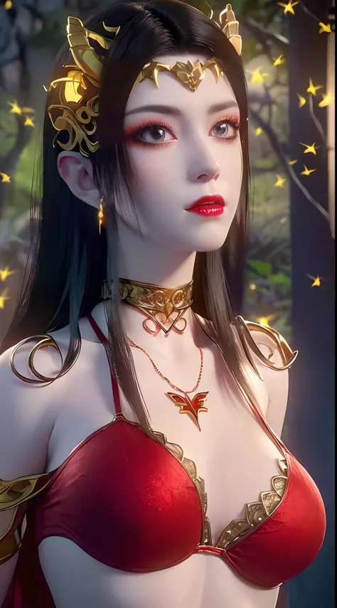 1 beautiful and sexy 20 year old girl, ((wearing a red bikini is very beautiful and sexy:1.8)), ((motifs and rhinestones on the bra:1.7)), ((nfsw:1.5)), ((long black hair:1.6)), jewelry elaborately made from precious stones and beautiful hair, ((wearing a ...