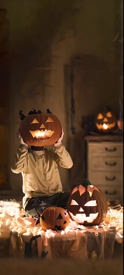 There was a little boy sitting on the floor，There are two pumpkins, holding a jack - o - lantern, halloween atmosphere, spooky and scary atmosphere, Pumpkin head, Halloween, jack-o-lanterns, evil spirits roam with lanterns, jack - o- lantern, Scary appeara...