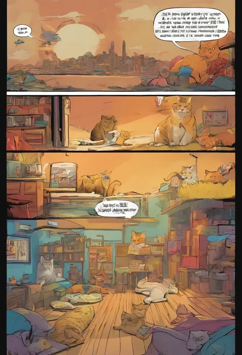 American comics, The comic story is presented in multiple irregular colored panels. American shorthair cats go through hardships when they run away from home，Then reunite with another cat. The style is exaggerated and meticulous