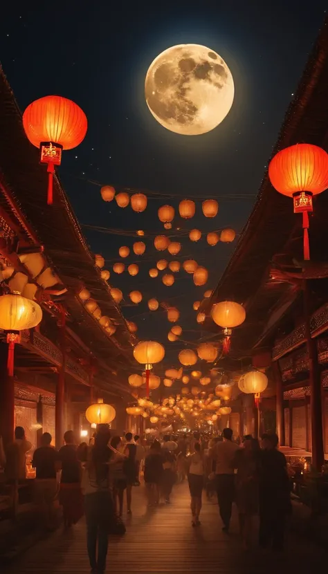 Mid-Autumn Festival、Moon、Huge mooncakes in the air、Star of the Sun、Urban commercial buildings、Concert、band、fire works、UAVs、environment friendly、tradit、celebrating、enviroment、Plaza、The bear goes to the moon、forest、Critters、lots of people、Bamboo lanterns、the...