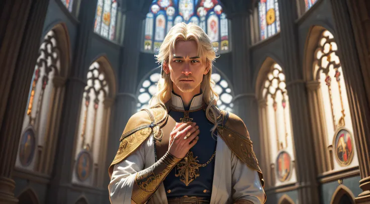 (Best quality,Ultra-detailed),(Realistic:1.37)

A medieval man with yellow hair and blue eyes was drenched all over. A beautiful illustration，It depicts a well-dressed man standing in a magnificent stone cathedral，Surrounded by ornate stained glass windows...