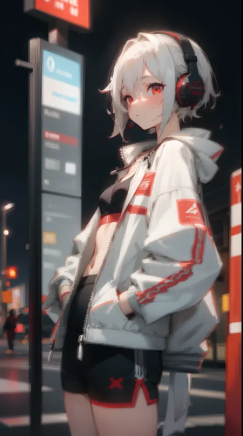 1girl, short ash grey hair, red eyes, black white sport bra, white jacket, black sport shorts, headphone, city, high res, ultrasharp, 8K, masterpiece, street, night, bus stop, small breast