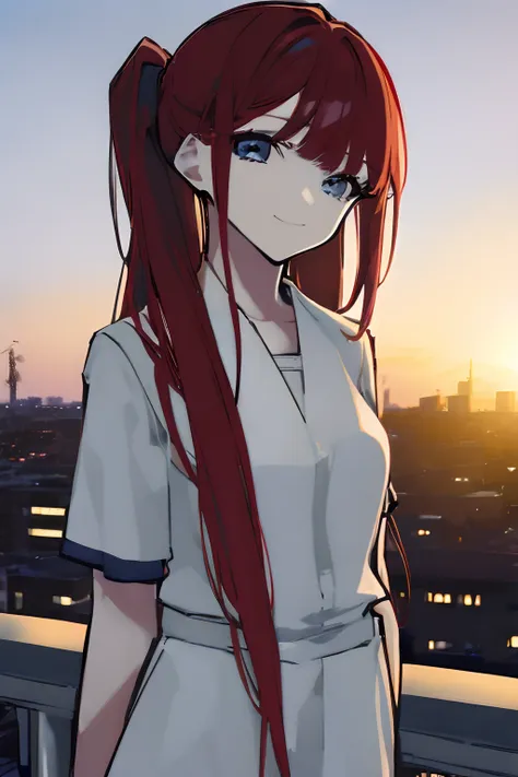 1girl, young girl, masterpiece, high quality, red hair, bangs, blue eyes, ponytail, (long hair), (straight hair), ((on the rooft...