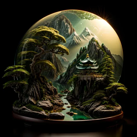 photorealistic,a 3d render,realistis,miniature,bonsai in a box，palace on the moon，
golden,golden decoration,circular ring led fl...