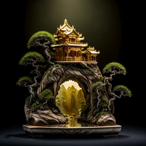 photorealistic,realive,miniature,nature,no humans,golden bonsai,,golden independent building,golden plant,jade and gem,(golden m...