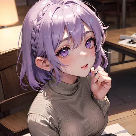 finest image, portrait, cute lady, happy, shy, ash gray glossy braided bangs iridescent short hair, ahoge, light purple sparkling big eyes, huge breasts, great proportion, brown fluffy sweater, sitting, breasts are on the table, background, room, chair, ta...