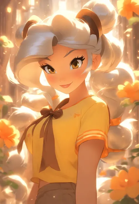 Disney Princess who is a Felpurr cat, silver twin-tails, light-tan fur and ears, wearing a yellow shirt with orange flowers and a brown vest and dark brown shorts, Masterpiece, Best Quality