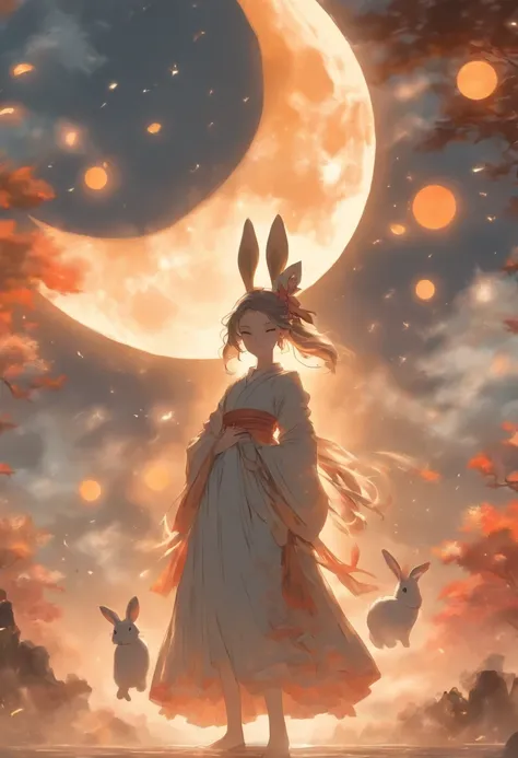 a woman standing in front of a moon with a rabbit, in the style of northern and southern dynasties, soft and dreamy atmosphere, 32k uhd, traditional portraiture, kawacy