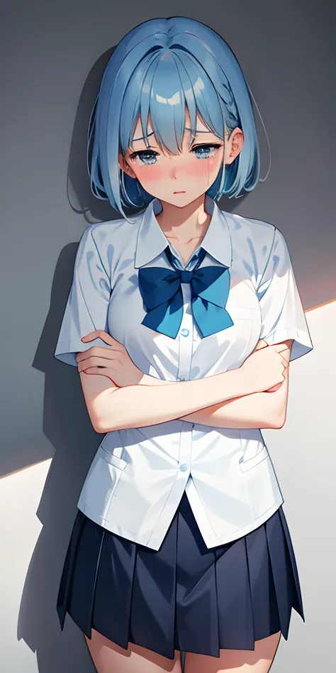 1girl, short hair, light blue hair, school uniform, skirt,  crying much, sad,  blush, looking down, wallpaper, sidelighting,