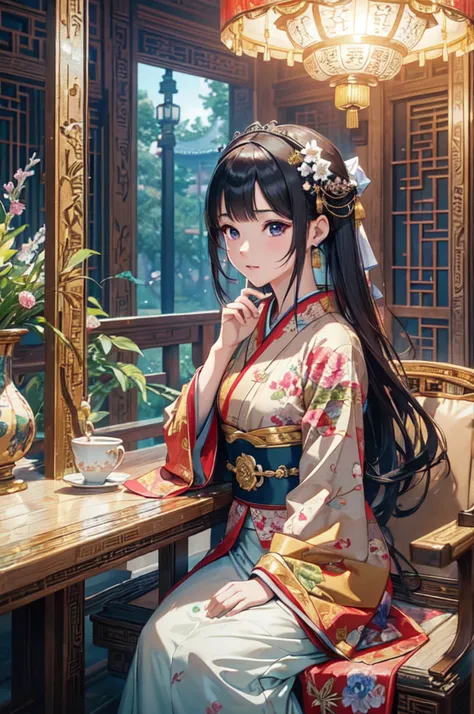 A girl wearing a yellow kimono sitting in a palace, with a Hanfu-inspired girl, in a realistic anime 3D style, reminiscent of Guweizs artwork. The character painting is beautiful and the 3D animation is realistic. The artwork is trending on CGSTATION, with...