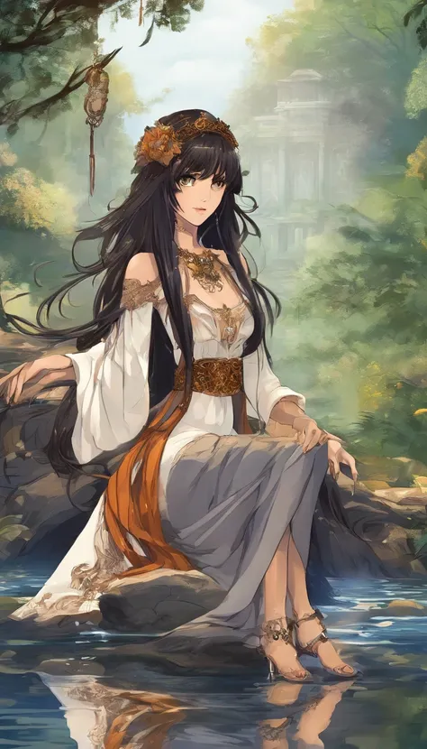 Anime Characters Brazilian Indigenous Adult Female, Beige dress, brown skin, long hair with bangs, Sitting by the river, Masterpiece, Best Quality, Detailed skins, Detailed Eyes, Orange Eyes,8K, Good shading, Beautiful strokes, detailed background, good an...