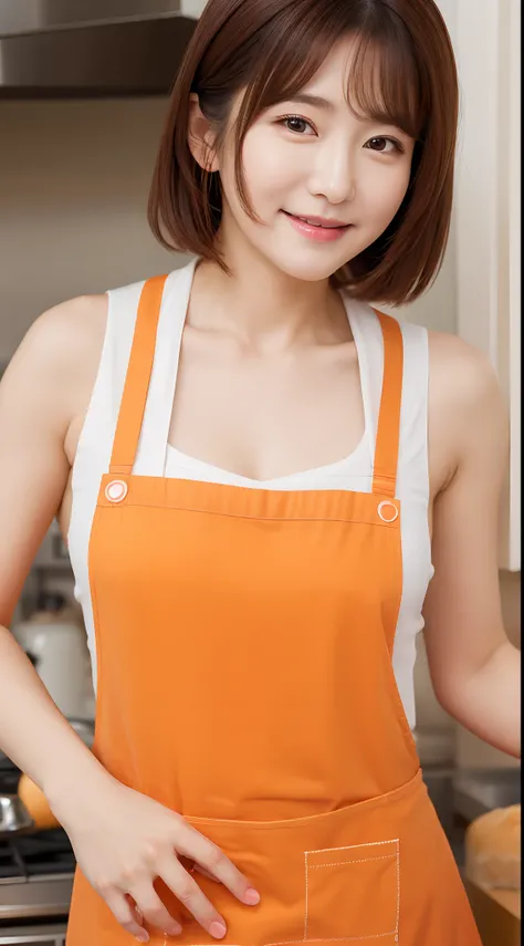 Realistic photos of 1cute Korean star,  medium hair slightly smile,  32 inch breasts size,  wearing orange apron, pants, making bakery, in the kitchen, close-up portrait, UHD