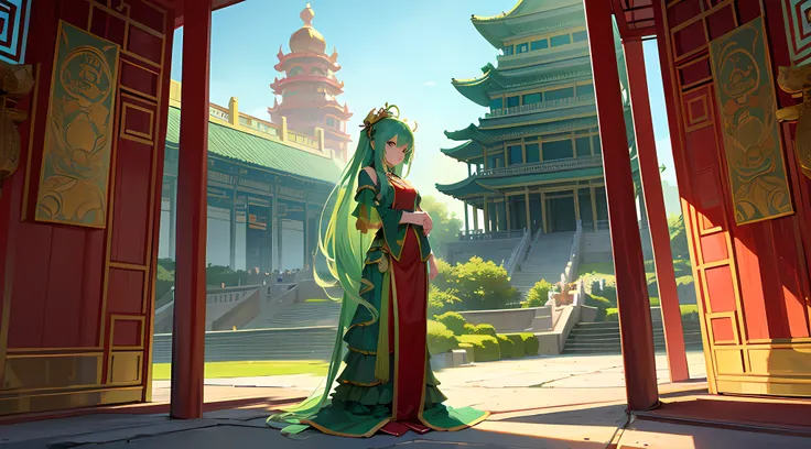 Green girl with long hair，Exquisite palace costume，Fire red dress，Stand in front of the Chinese Heavenly Palace，Look into the distance，