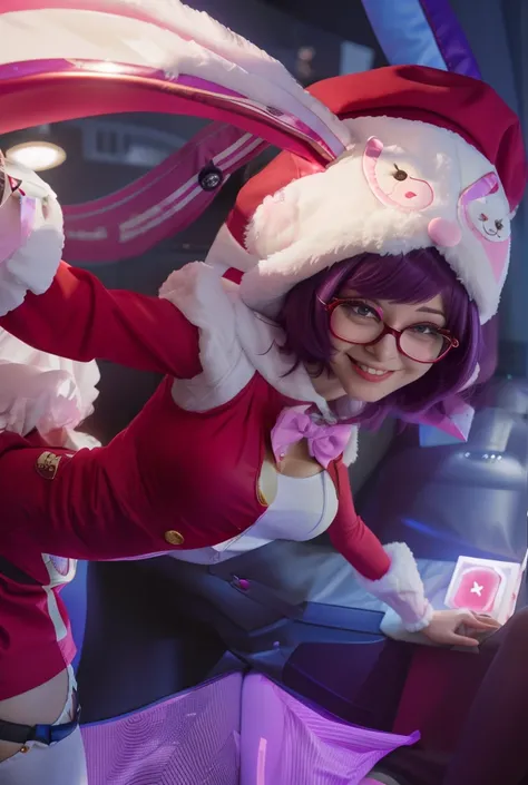 Angela in the glory of the king，Wearing a bunny hat，Red and white tights，Short thin purple hair，Wearing glasses，beautiful  Girl，Smile Expression，There is a large pink button on the chest