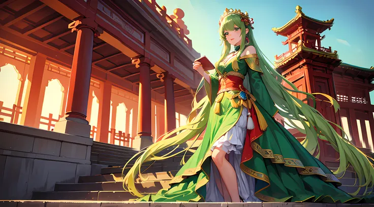 Green girl with long hair，Exquisite palace costume，Fire red dress，Stand in front of the Chinese Heavenly Palace，Look into the distance，