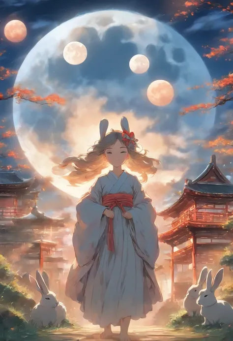 A woman and a rabbit stand in front of the round moon, The style of the Northern and Southern Dynasties, Soft and dreamy atmosphere, 32k ULTRAHD, Traditional portraiture, Kawasi