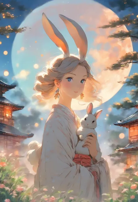 A woman and a rabbit stand in front of the round moon, The style of the Northern and Southern Dynasties, Soft and dreamy atmosphere, 32k ULTRAHD, Traditional portraiture, Kawasi