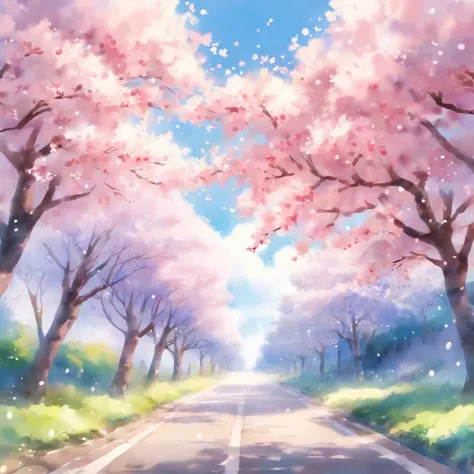 Blue sky and white clouds，The road is lined with beautiful cherry blossom trees，WaterColor style