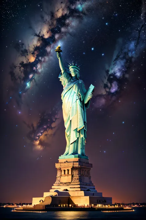 statue of liberty, pentagon, usa, the mississippi river under the milky way, constellation, , virgo, libra, leo