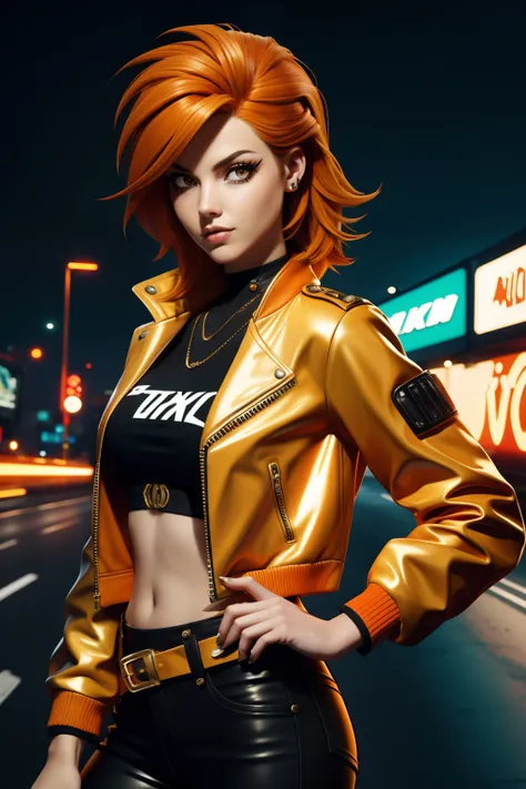 Biker girl, orange hair Emo Pin up Girl, gold jacket, Striking a pose, natural make up, skinny innocent, in a cyberpunk highway