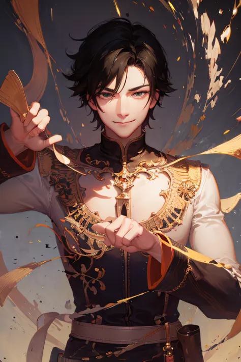 1boy,black hair,smirk,(masterpiece,best quality,hd),line art,illustration,smirk,kawacy