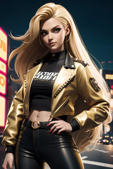 Biker girl, blonde long hair Emo Pin up Girl, gold jacket, Striking a pose, natural make up, skinny innocent, in a cyberpunk highway