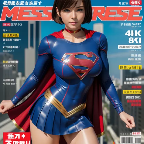 (Best Quality,4K,8K,hight resolution,masutepiece:1.2),Ultra-detailed,Realistic:1.37,Super masterpiece,Short-haired Supergirl、large full breasts、Looking at the camera、Glossy costume、a choker、Too short miniskirt、Weekly magazine cover、Powerful Pose、Navel out