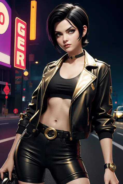 Biker girl, black short hair Emo Pin up Girl, gold jacket, Striking a pose, natural make up, skinny innocent, in a cyberpunk highway