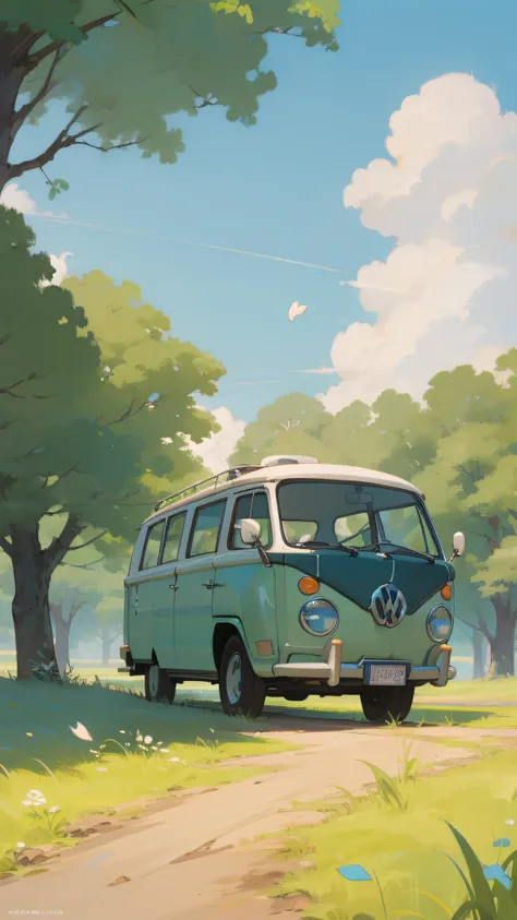 (((best quality)))), realistic, authentic, beautiful and amazing landscape with a volkswagen kombi on the road oil painting stud...