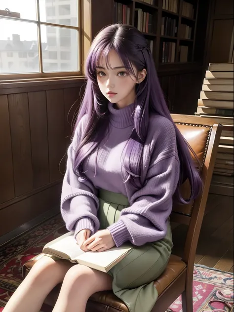 (Masterpiece, 1980s anime illustration:1.1), Sweet girl with long purple hair in oversized knitted sweater, Sit cross-legged on the floor of a bookstore, Open the book on your lap, Read attentively, Surrounded by stacks of old books, The afternoon sun shin...