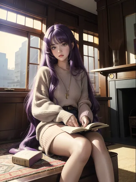 (Masterpiece, 1980s anime illustration:1.1), Sweet girl with long purple hair in oversized knitted sweater, Sit cross-legged on the floor of a bookstore, Open the book on your lap, Read attentively, Surrounded by stacks of old books, The afternoon sun shin...