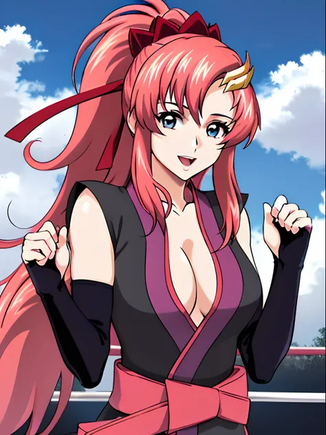 (masterpiece, upper body view, 4K, Best Quality, Anime style: 1.9, tall, adult Woman, ultra detailed face, (cloud background, wrestling arena), Drawing lines, high resolution, Anime, lacus4), 1girl, Solo, curvy figure, Long hair, 鎖骨, scapular, (Detailed wi...