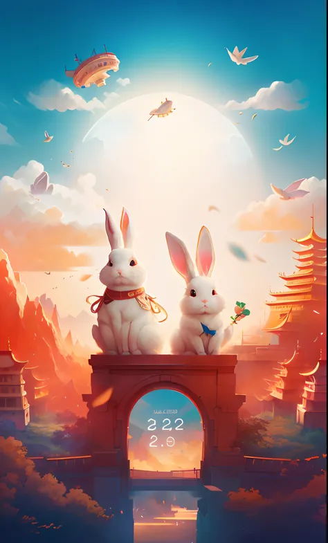 There are two rabbits sitting on the bridge in the sky background, trending on cgstation, A beautiful artwork illustration, Official illustration, lovely digital painting, Rabbit_Bunny, author：Qu Leilei, 3840 x 2160, 3840 x 2160, fantasy matte painting，Cut...