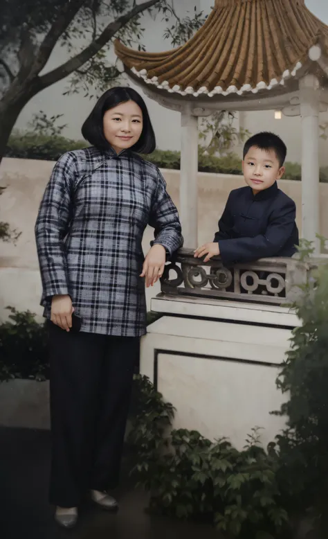 A 40-year-old Chinese woman poses with a young boy，The ladys facial features are straight，Symmetrical facial features，Clear ears，Ultra-clear and realistic facial features，The hands are real，Short hair in women，He wears traditional Chinese clothing with pla...