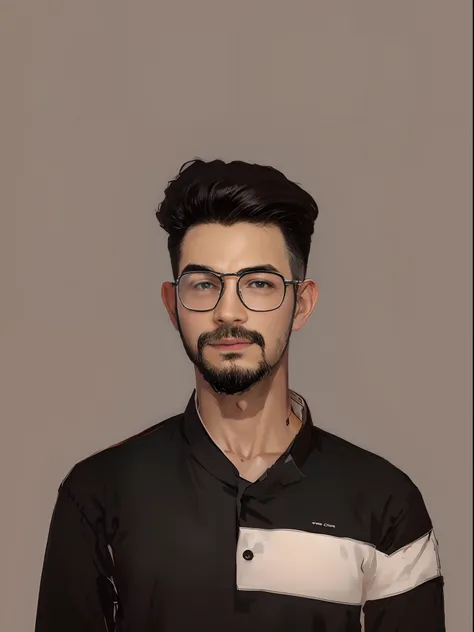 Anime style, glasses, small beard, 21-year old boy, small beard, straight eyes, short black hair,