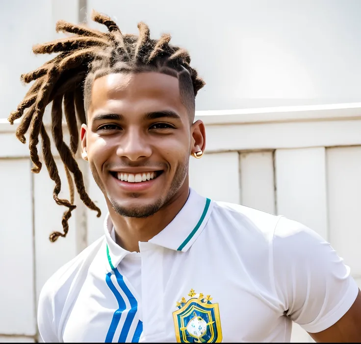 Young man from Brazil, white kit, very short hair on top of the head, dreadlocks ponytail on the back of the head, cheeky joyful smile