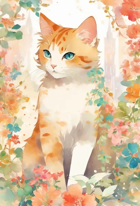 a cat in detailed watercolor, full body, ornamental, flora, arabesque, colorful, clipart, white background 50 --v 5.1 --s 2