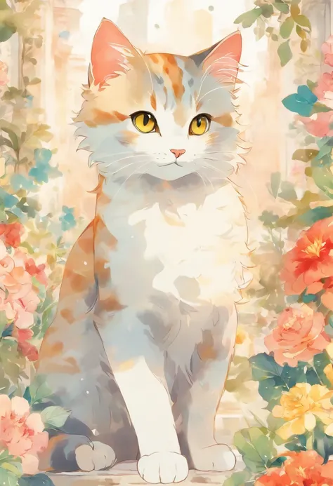 a cat in detailed watercolor, full body, ornamental, flora, arabesque, colorful, clipart, white background 50 --v 5.1 --s 2